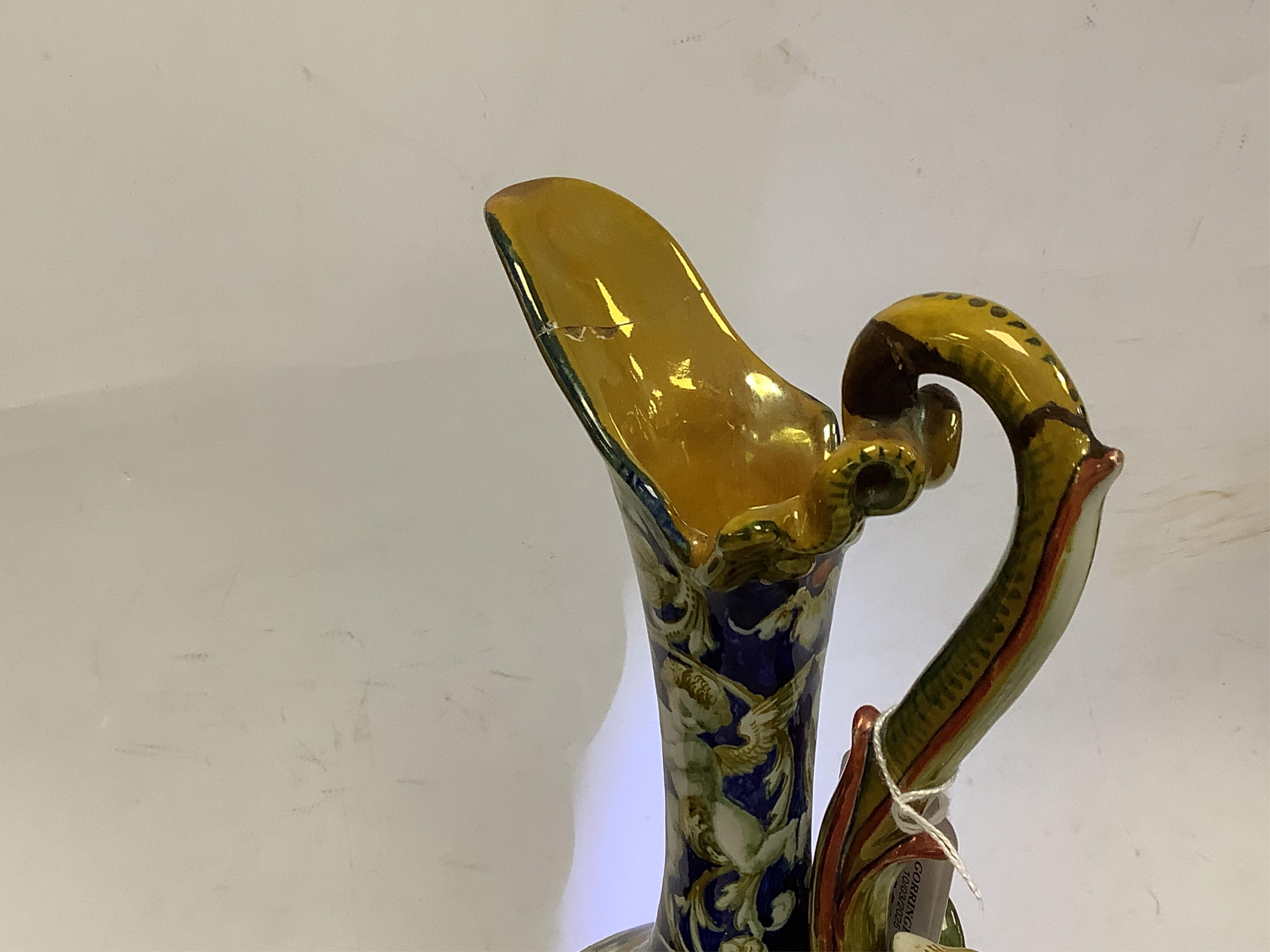 Eight Chinese and Japanese 18th and 19th century plates and dishes, together with a painted botanical plate and a Cantagalli maiolica ewer, tallest ewer 37cm high. Condition - ewer and a small dish restored, the other it